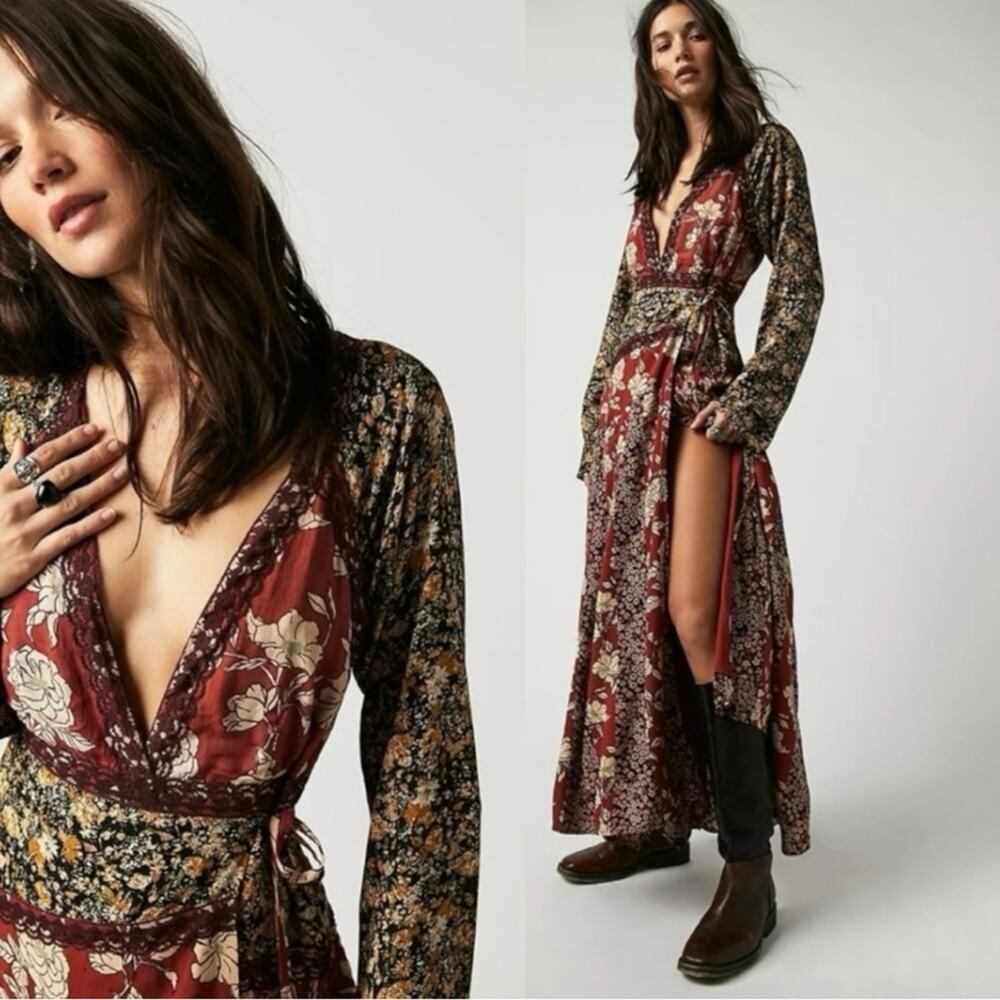 Free People Tilda Maxi Wrap Dress Neutral Western Bohemian Witchy XS NWT - Picture 5 of 14